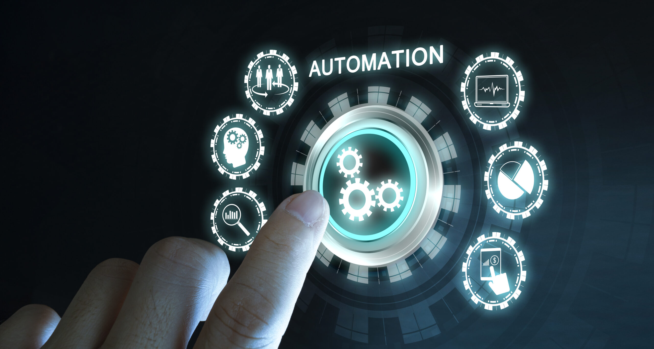 Hand interacting with a digital automation and AI interface