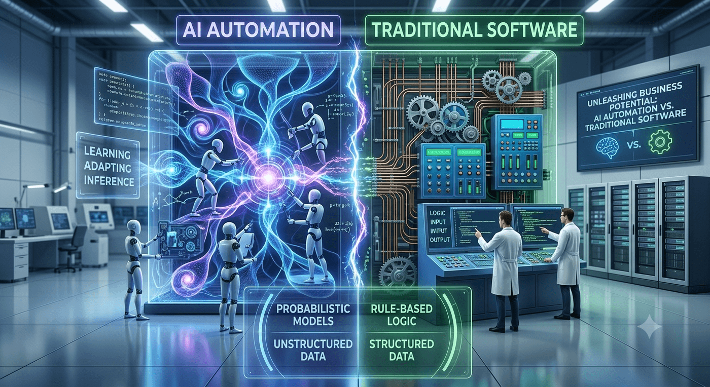 Split-screen comparison illustration of AI Automation and Traditional Software