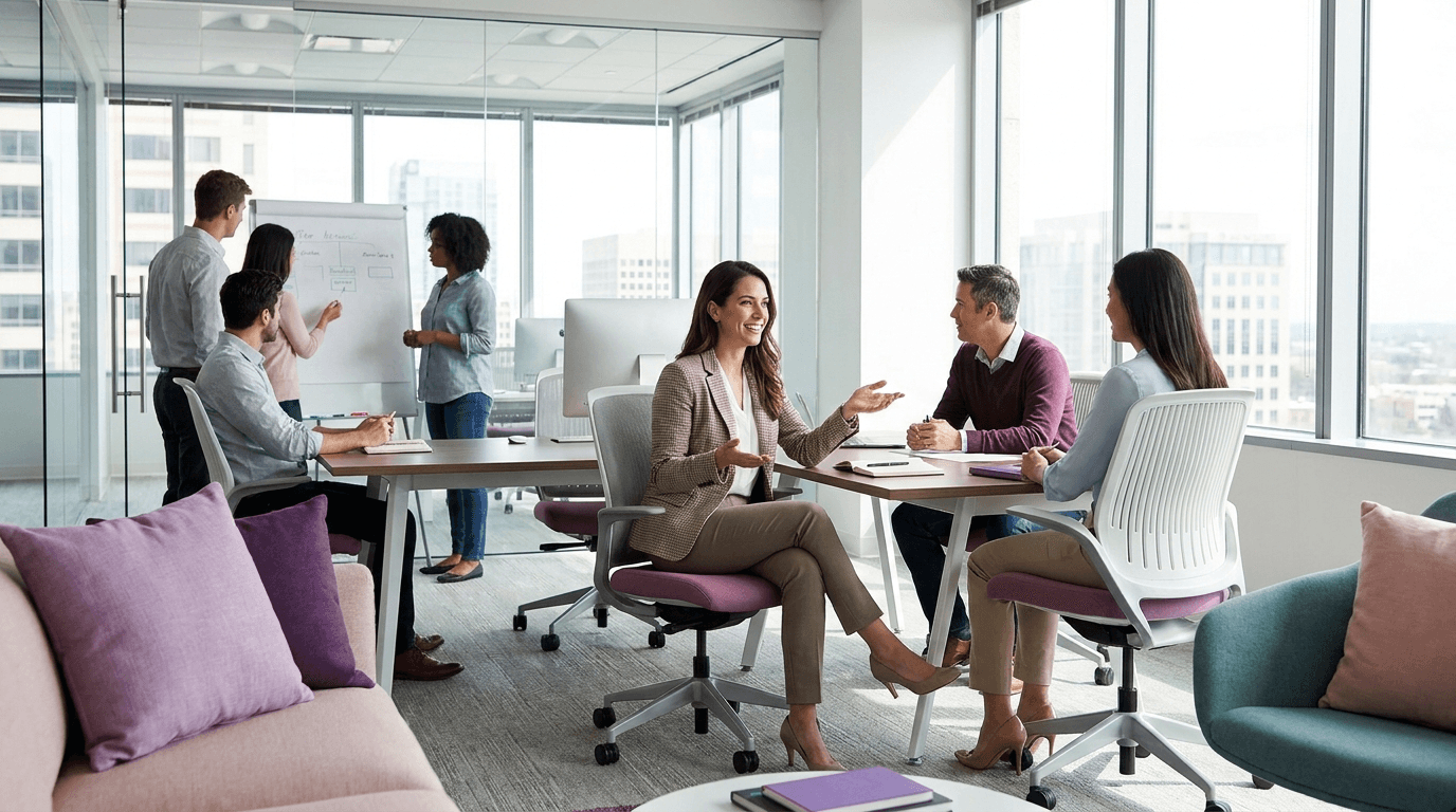 Scriptix team collaborating in a modern office lounge