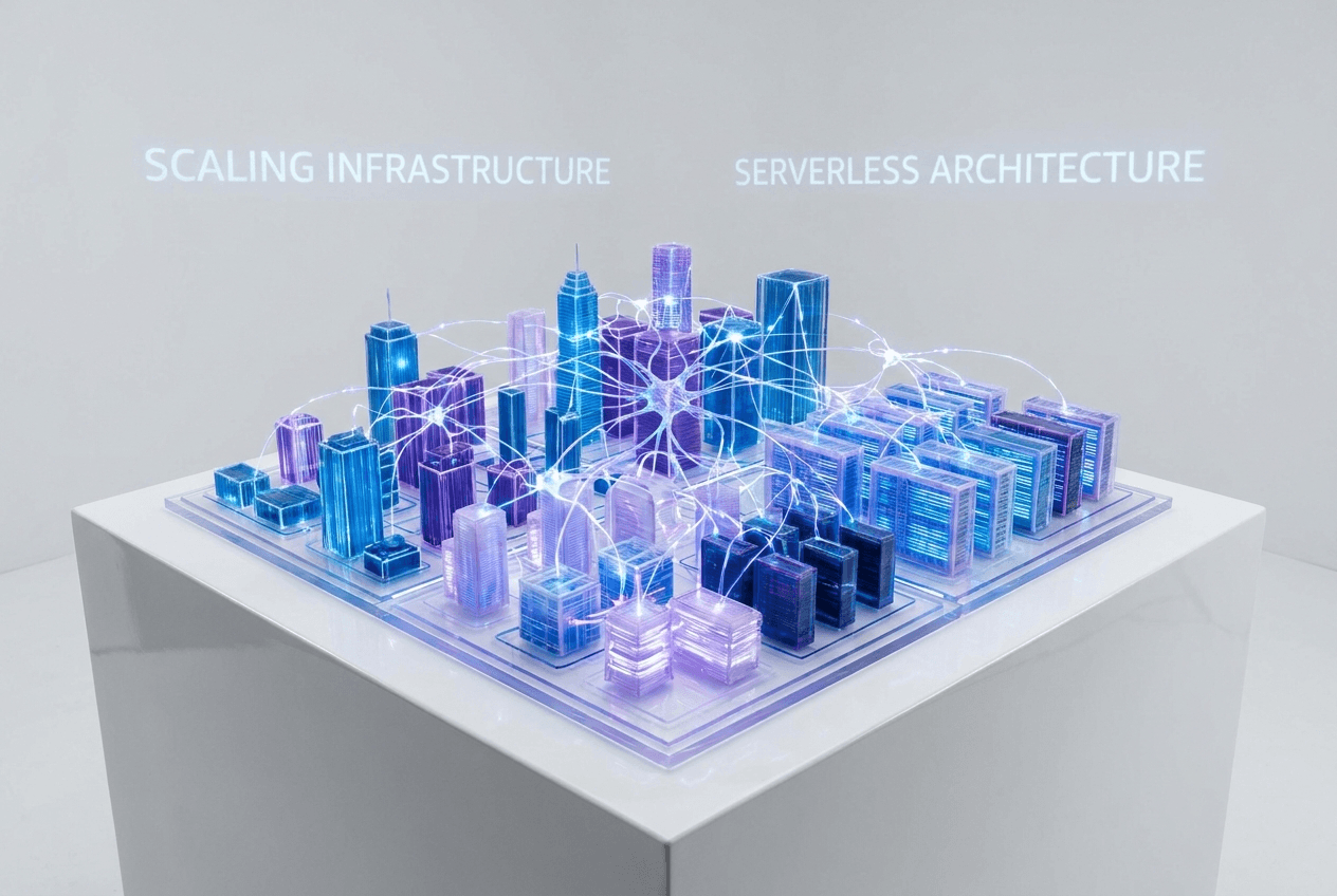 Abstract 3D visualization of scaling infrastructure with serverless architecture