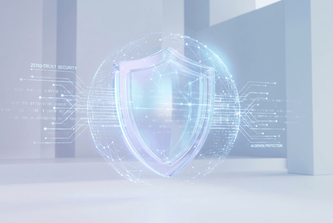 Glowing digital shield representing zero-trust, AI-driven security