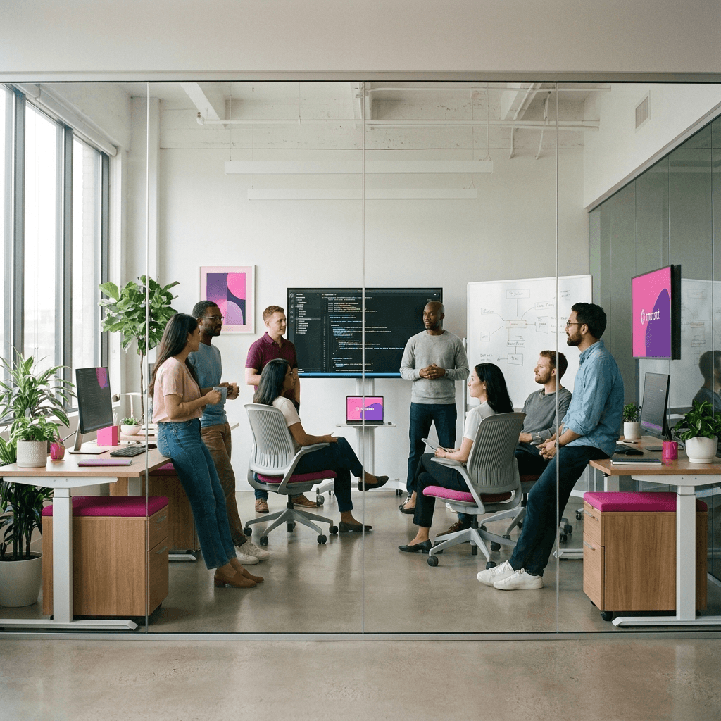 Scriptix team collaborating in a modern glass-walled office